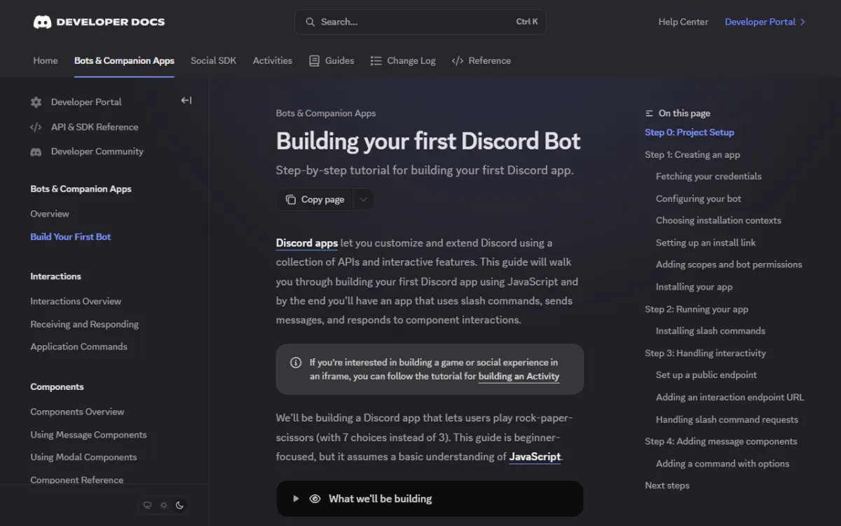 Discord Developer Docs の「Building your first Discord Bot」ページ