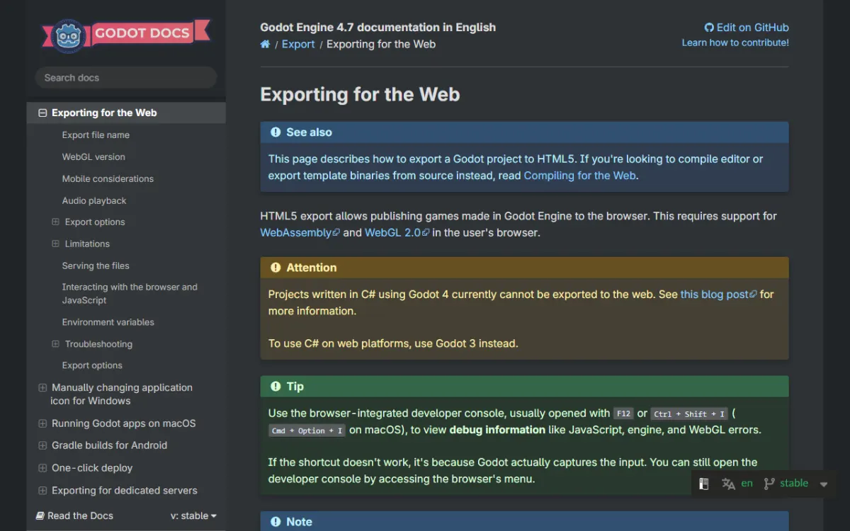 Godot Engine ドキュメントの「Exporting for the Web」ページ